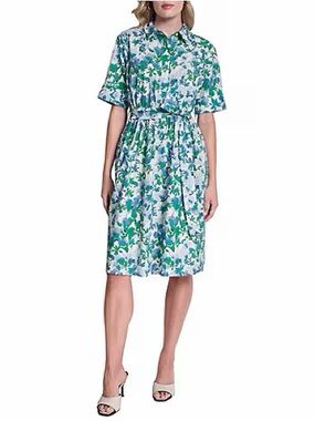 DKNY White Floral Shirt Dress with Blue and Green Print